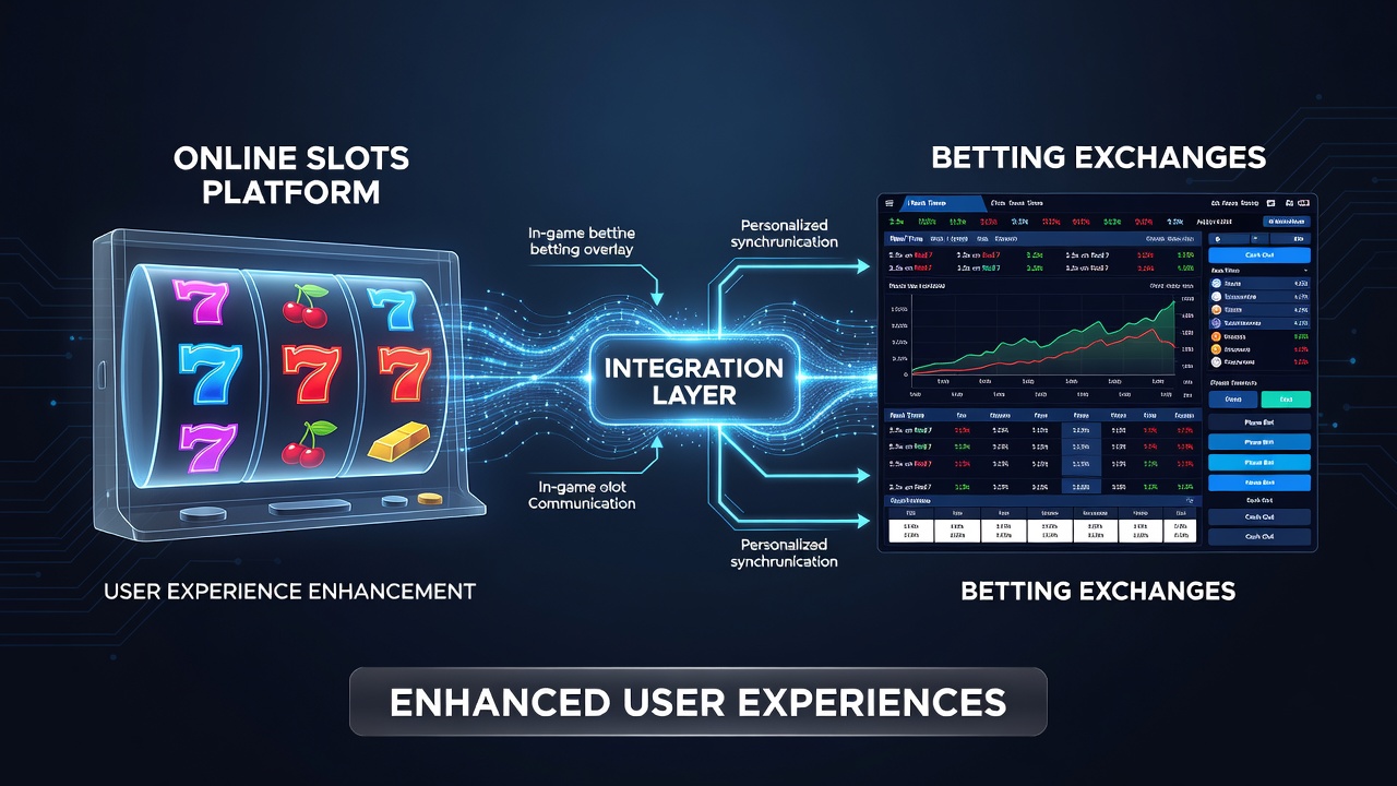 Illustration showing online slot machines connected to betting exchange interfaces on a digital platform