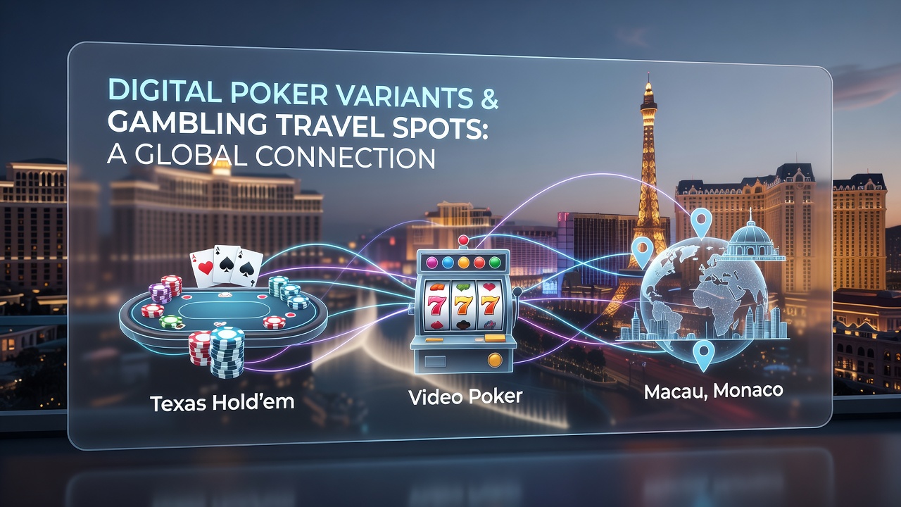 Illustration showing digital poker interfaces linked to major travel destinations like Las Vegas and Macau
