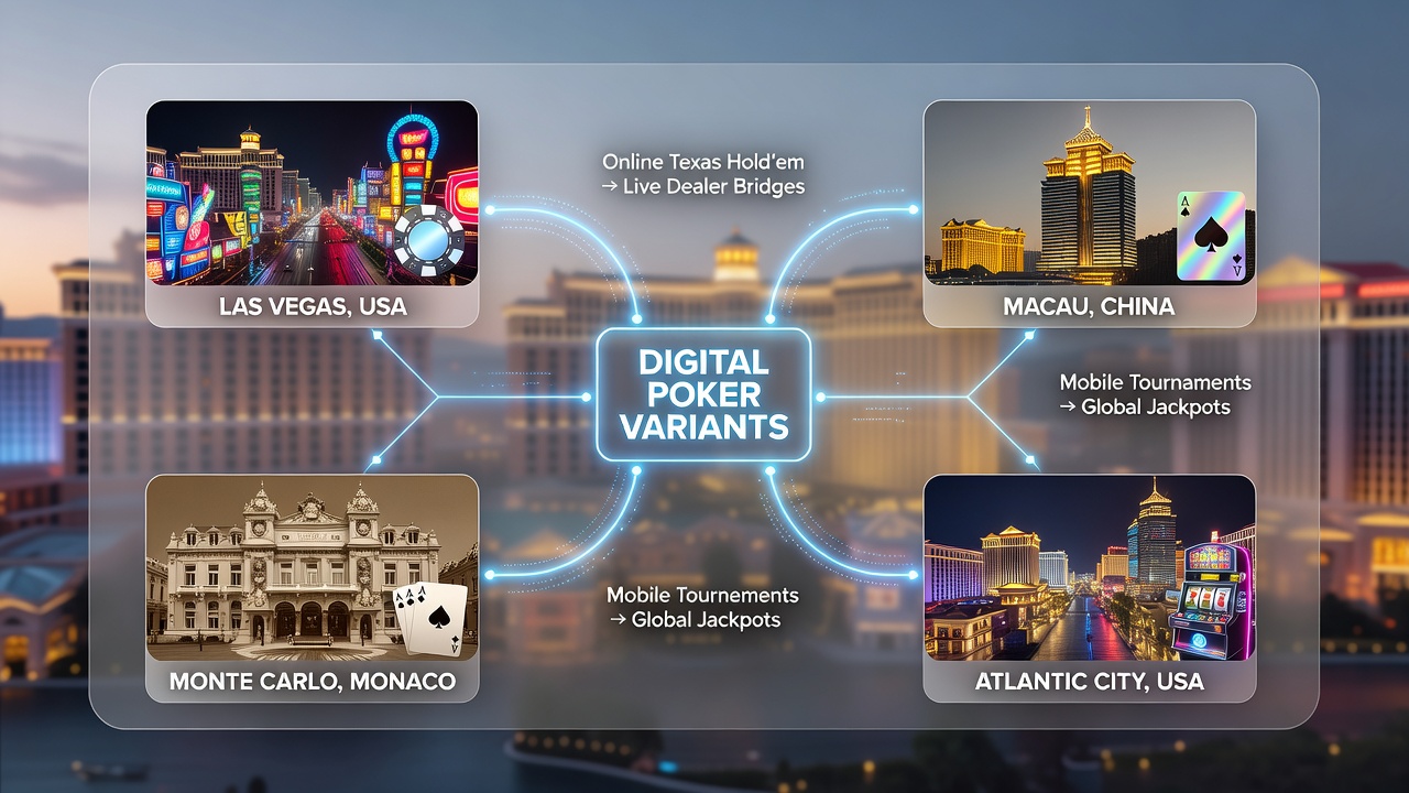 Map overlay connecting online poker platforms to global casino resort locations