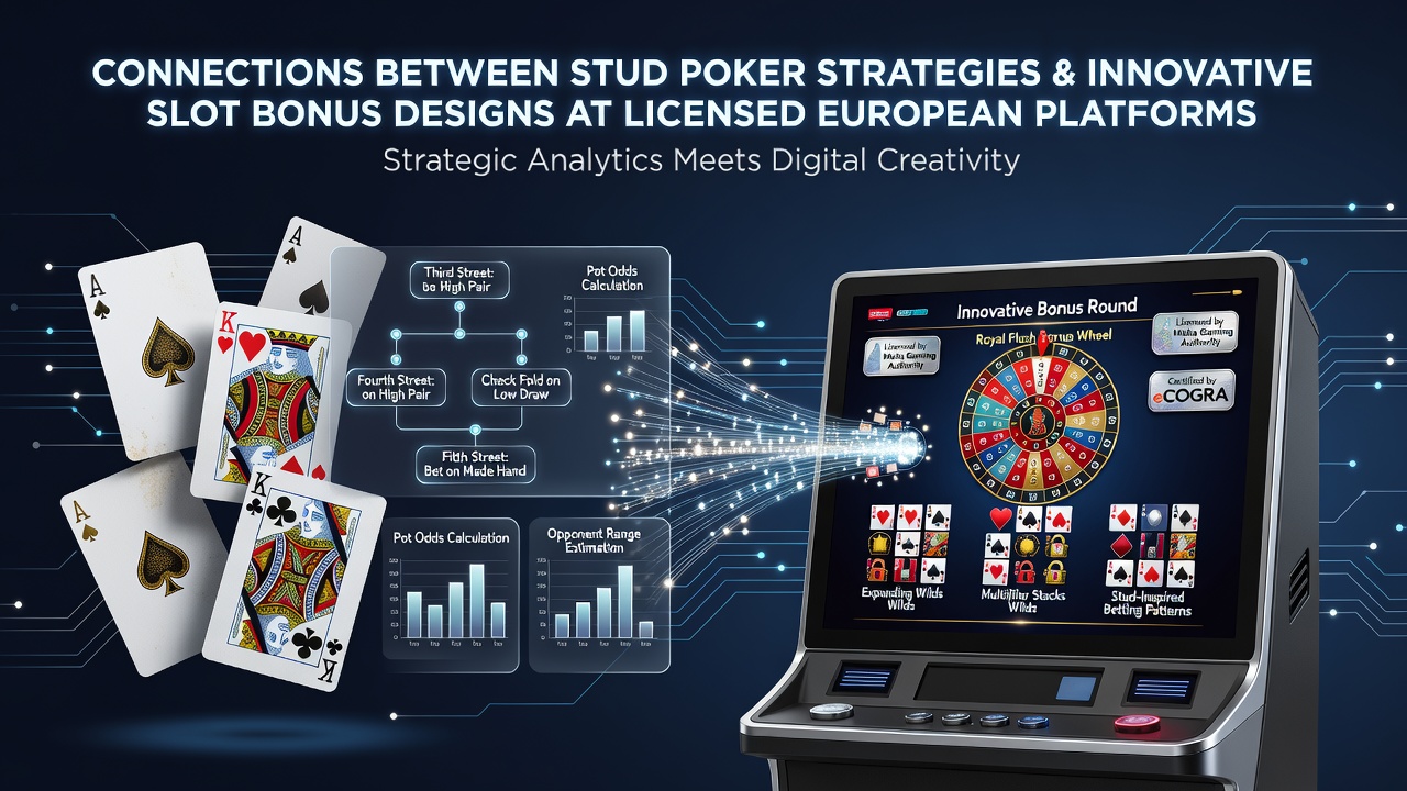 Stud poker hand layout next to slot game interface showing bonus trigger elements on a licensed European platform