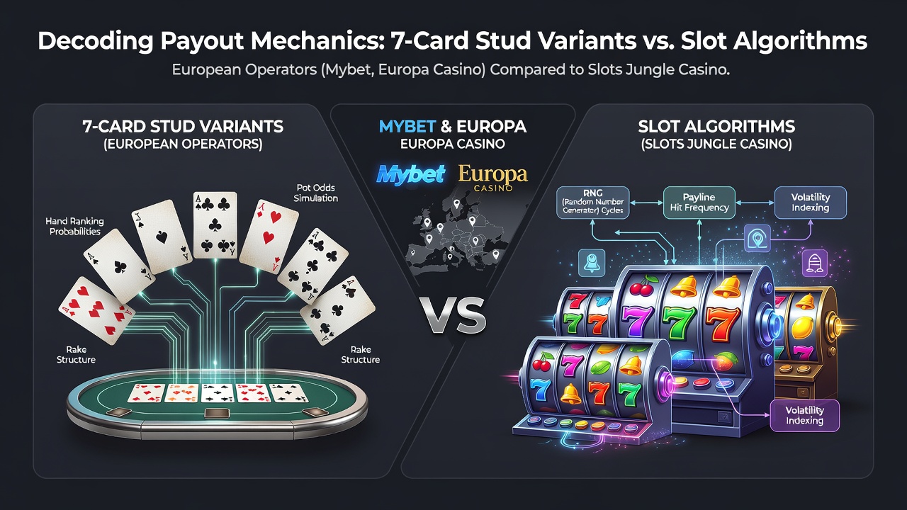 Diagram showing payout structures for 7-card stud variants at European online casinos including Mybet and Europa Casino