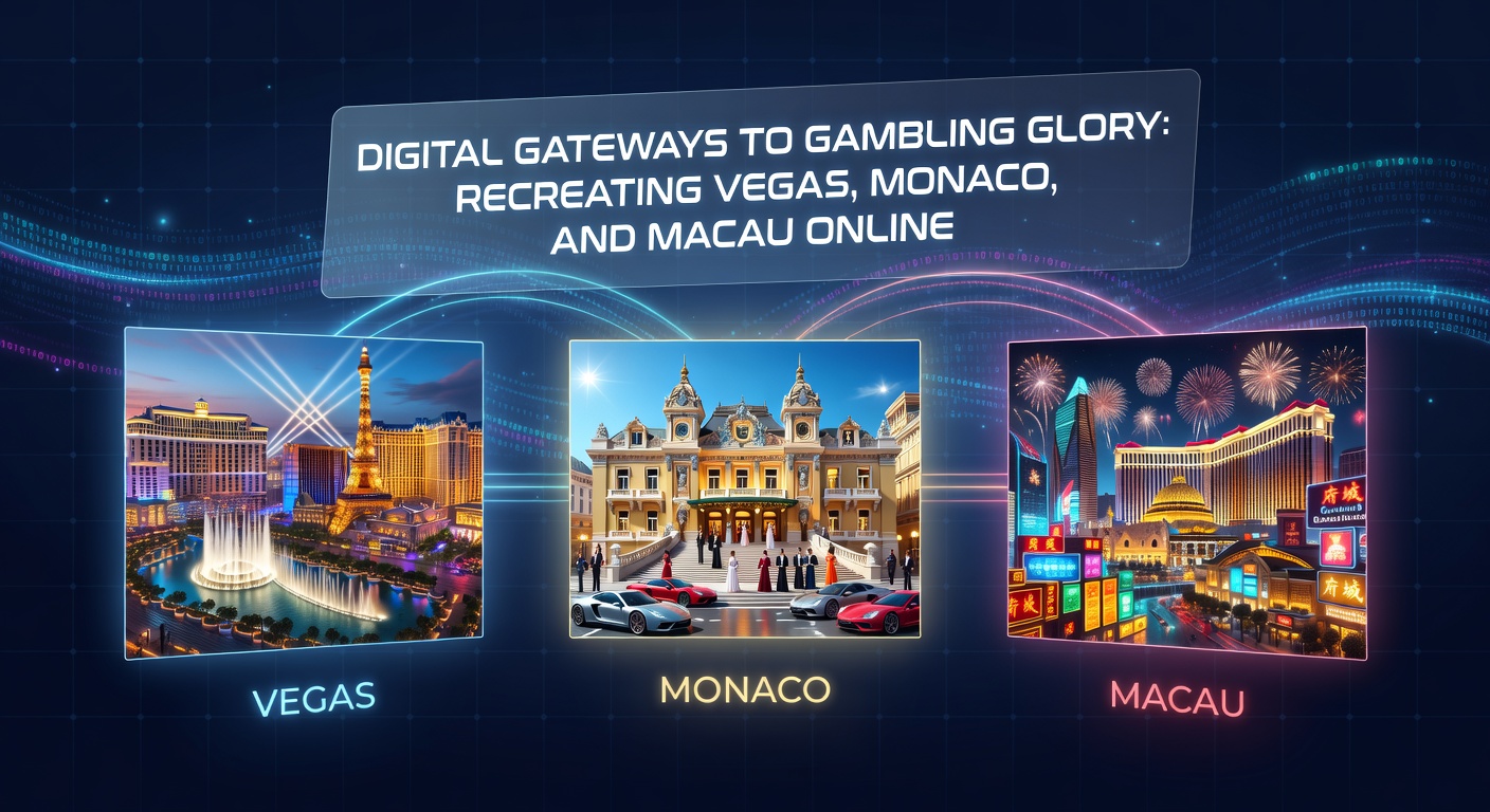 Immersive online casino scene blending Monaco's grand casino interior with Macau's bustling baccarat tables and Vegas slot neon, showcasing live dealers and virtual reality elements
