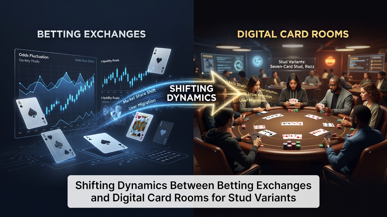 Betting exchange interface alongside digital card room setup for stud poker variants