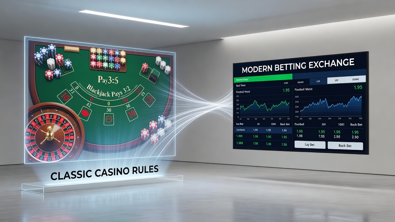 Vintage casino gaming tables and rule boards alongside digital betting exchange interfaces showing design evolution